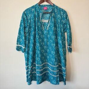 Popie's || Cotton Island Dress Tunic Floral Ladder Stitch Blue Turquoise Sz M